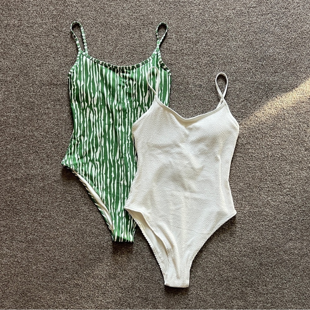 NWT H&M One Piece Swimsuit Green White Bundle of 2 Pieces Women’s Size Small